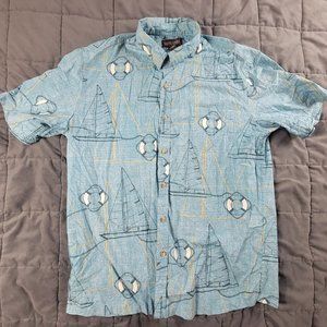 Cooke Street Mens L Blue Button Shirt Hawaiian Nautical Sailboats Aloha Vacation